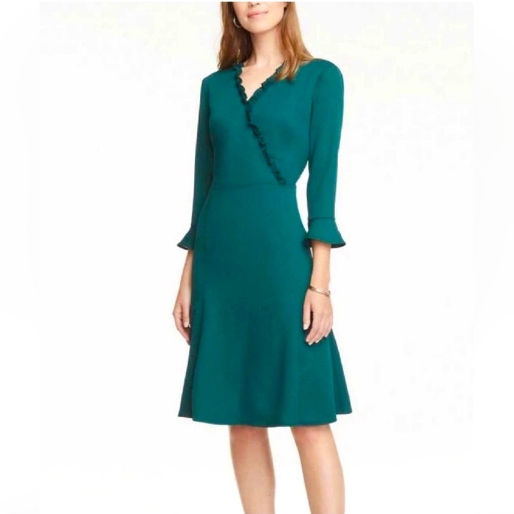 Ann Taylor Green Faux Wrap Dress 3/4 Sleeves Work Career Christmas 10